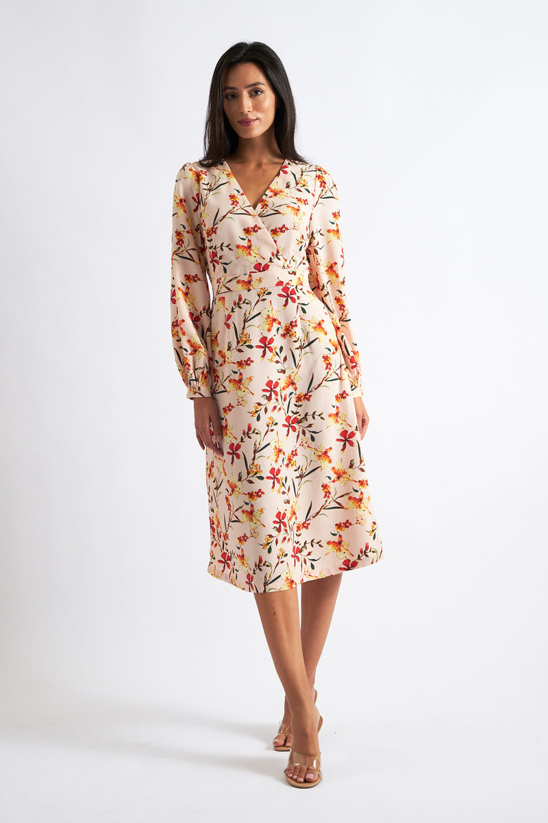 Cinnamon Flower Print Midi Wrap Dress - Front