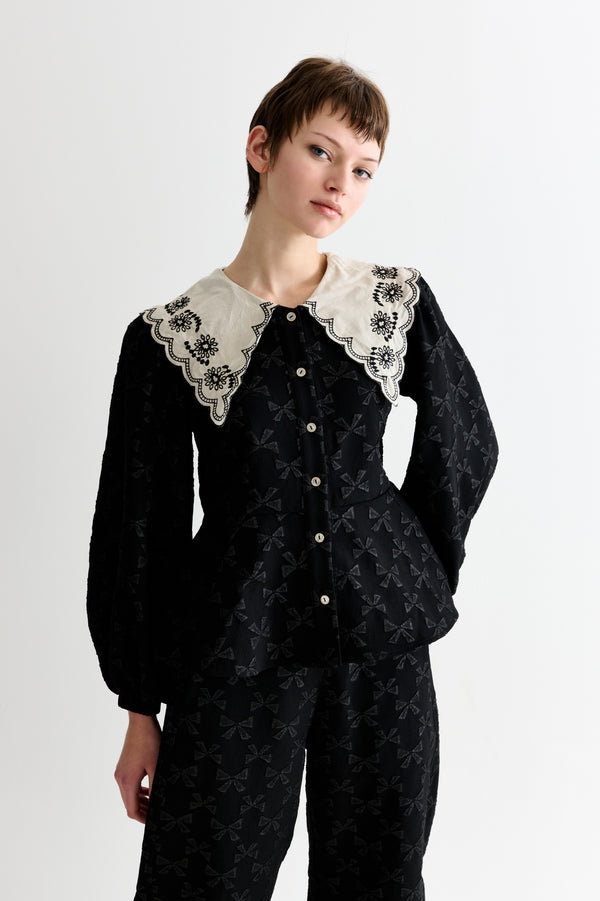 Clementine Black Bow Jacquard Lace Collar Long Sleeve Blouse
