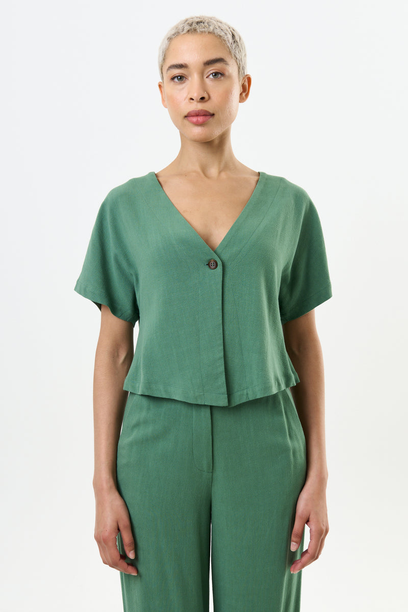 Cloe Linen Mix Waistcoat Top - Green - Front