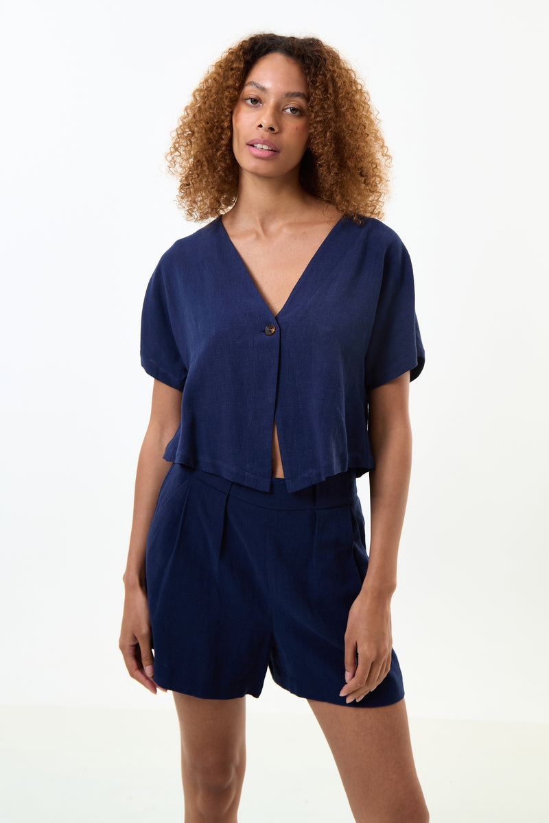 Cloe Linen Mix Waistcoat Top - Navy - Front