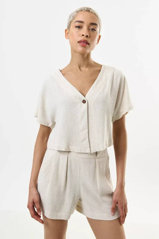 Cloe Linen Mix Waistcoat Top - Natural - Front