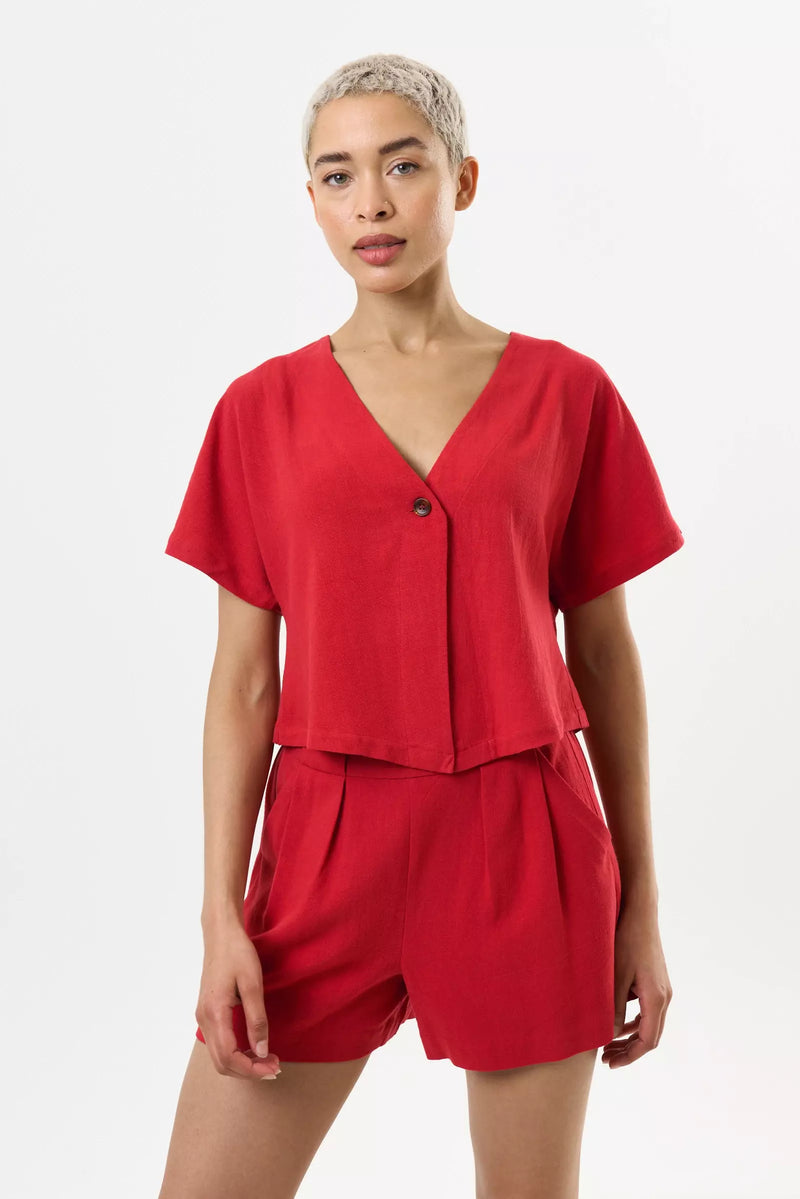 Cloe Linen Mix Extended Shoulder Waistcoat Red - Front