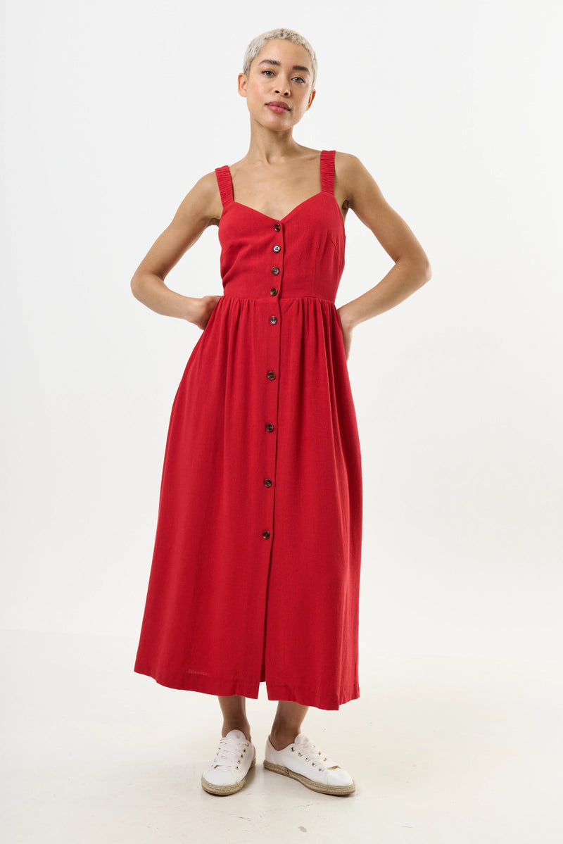 Clover Linen Mix Midi Sundress - Red - Front