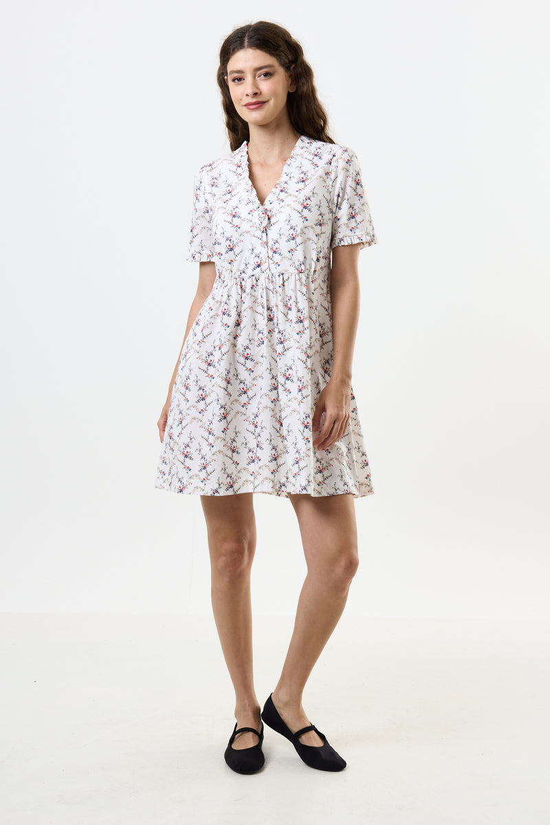 Cosima Regency Print Frill V-Neck Mini Dress - Front
