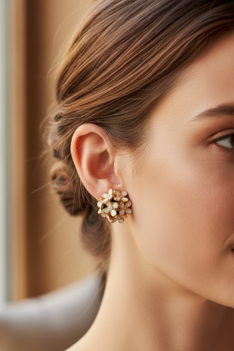 Cream Enamel Flower Cluster Studs - Front