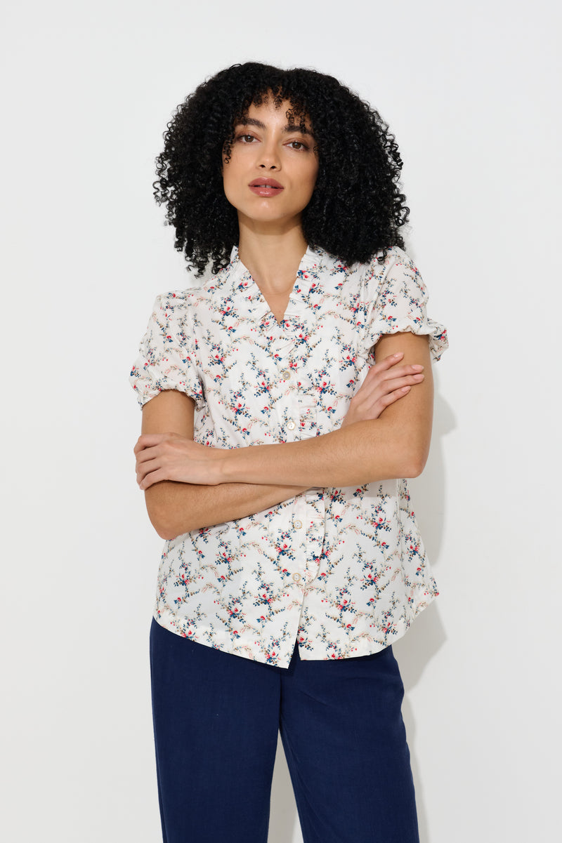 Cressida Regency Print Frill Trim V-Neck Blouse - Front