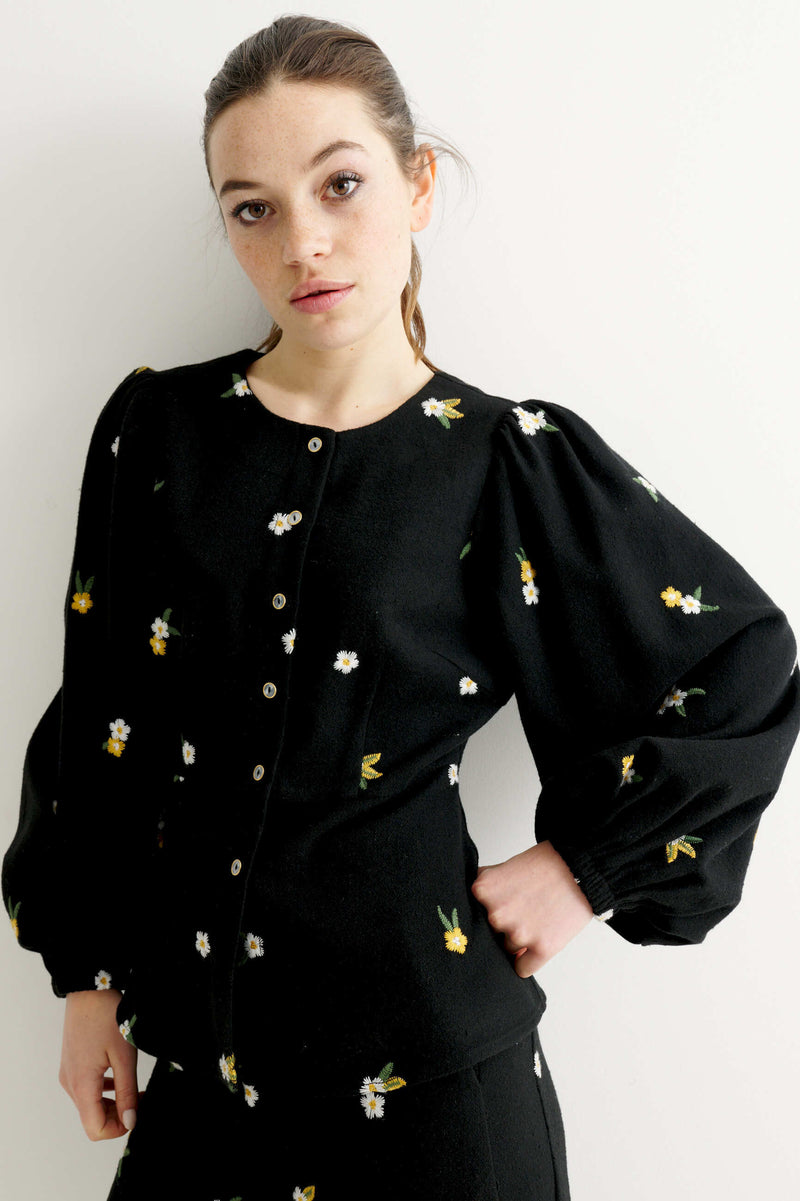 Clementine Daisy Tweed Long Sleeve Blouse – Black