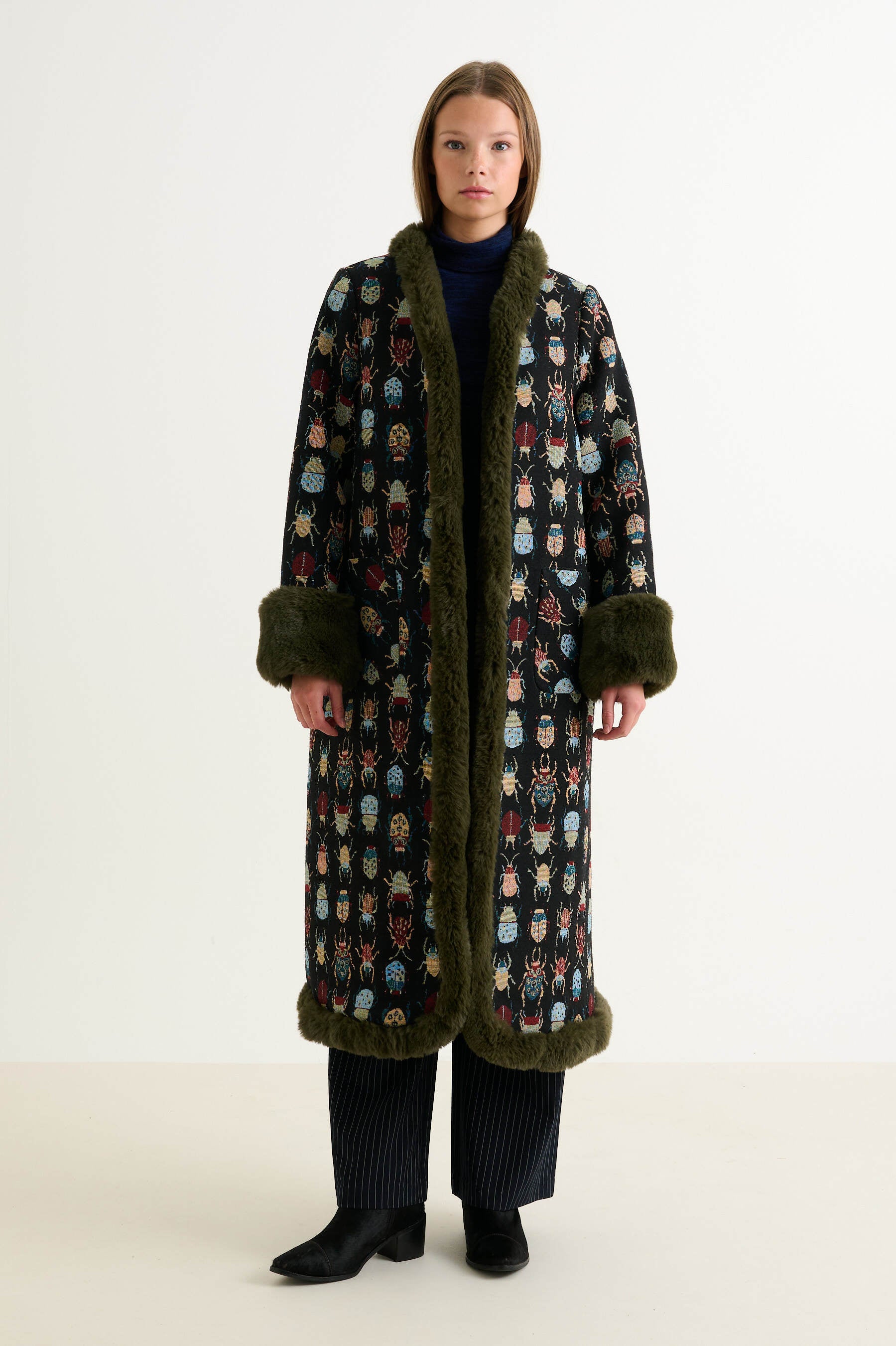 Delphia Beetlejuice Jacquard Fur Trim Coat – Multicoloured – Louche