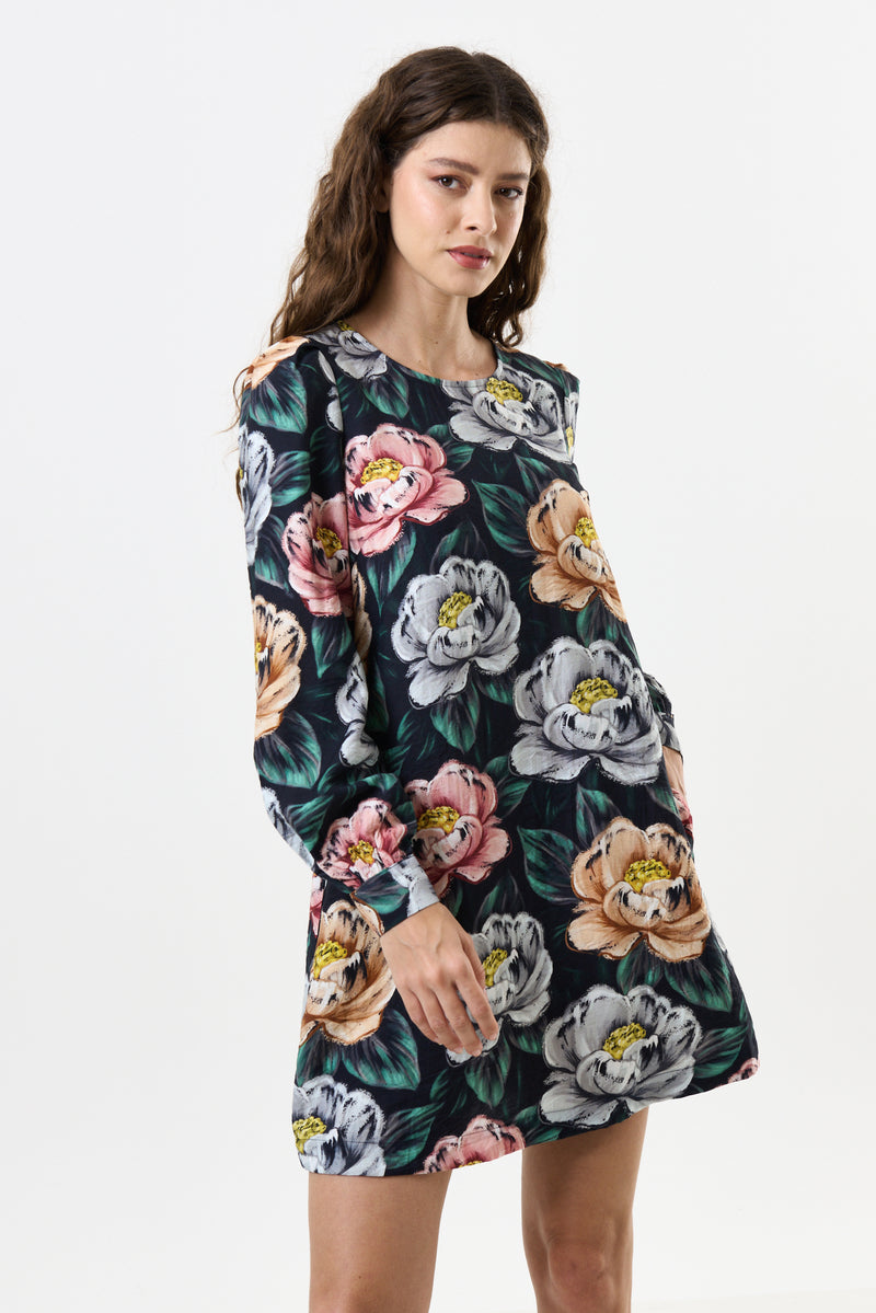 Didee Peonies Long Sleeve A-line Mini Dress - Black - Front