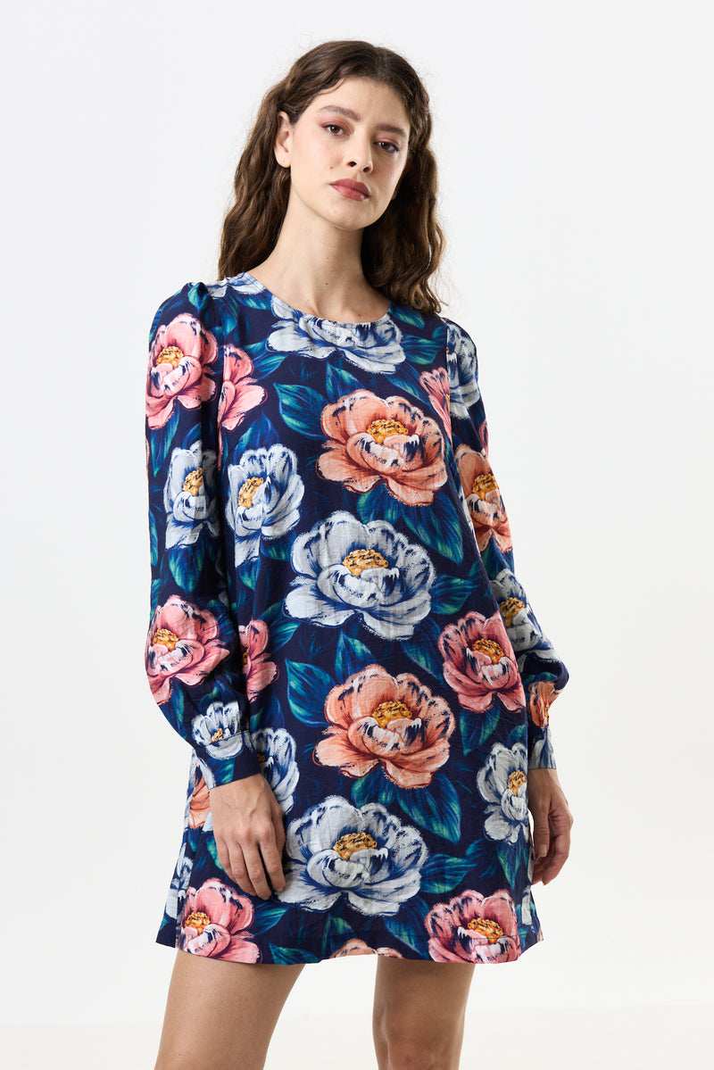 Didee Peonies Long Sleeve A-line Mini Dress - Navy - Front