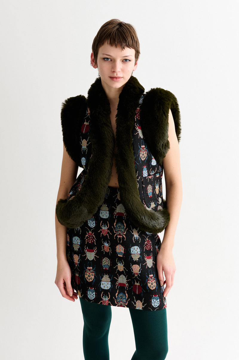 Dominica Beetlejuice Jacquard Faux Fur Trimmed Waistcoat - Front