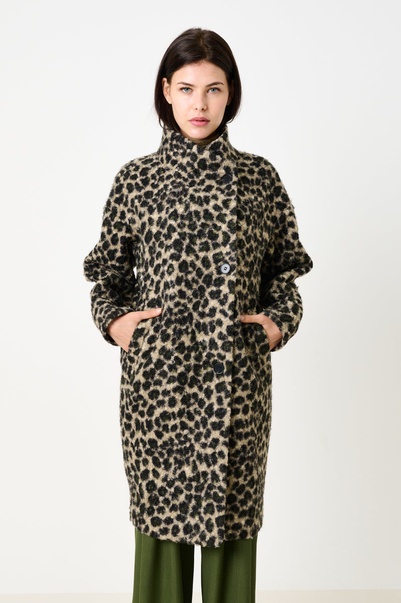 Donalda Animal Funnel Neck Coat - Green - Front