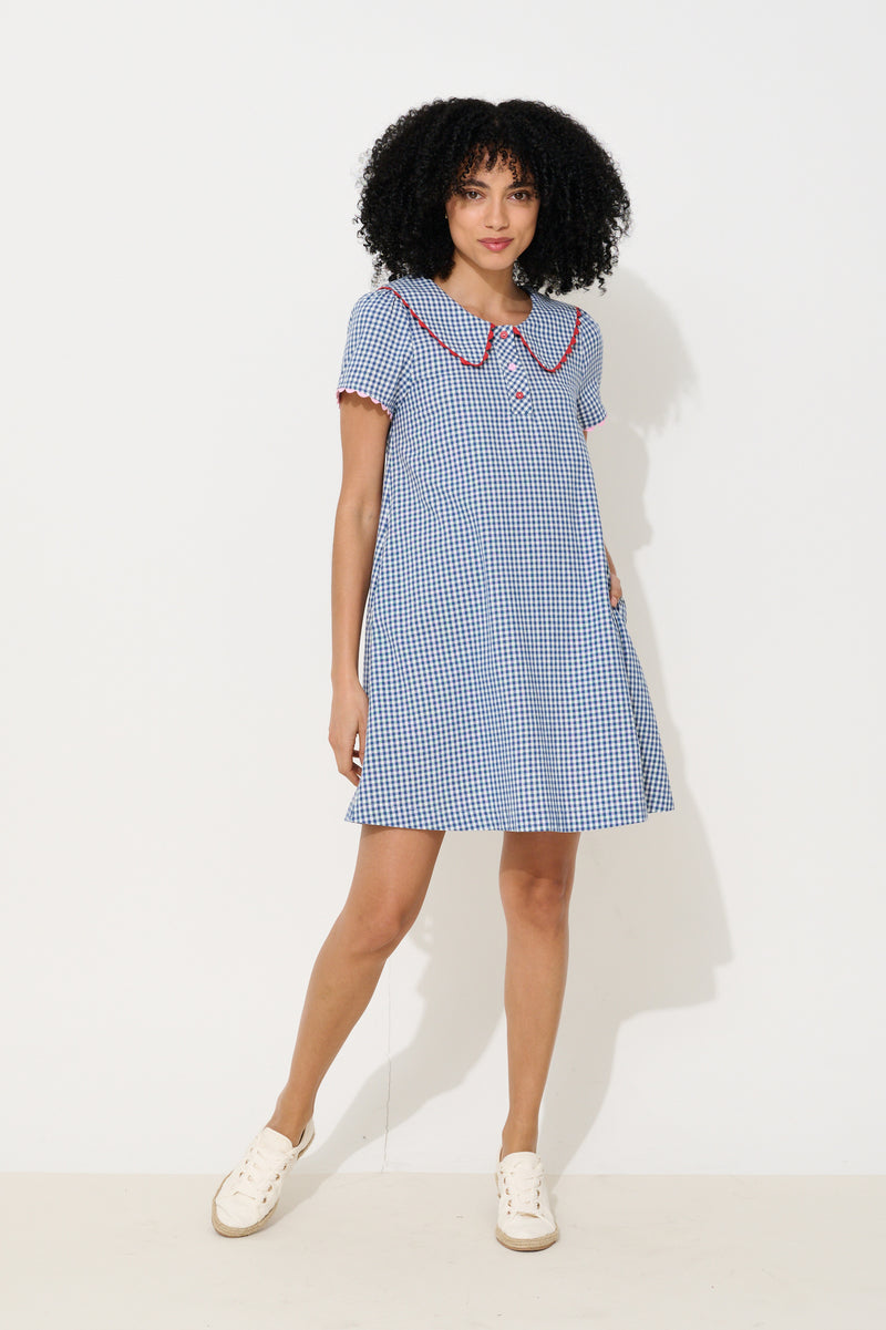 Dot Gingham Ric Rac Trim Statement Collar Mini Dress - Blue - Front
