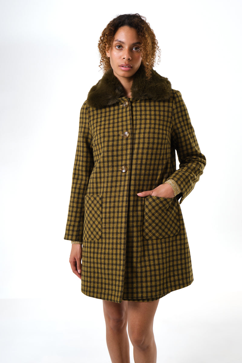 Dryden Wyoming Check Faux Fur Collar Coat - Mustard - Front