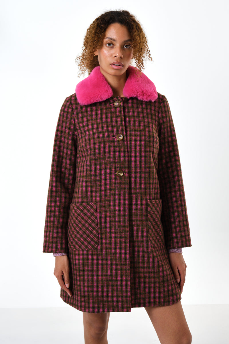 Dryden Wyoming Check Faux Fur Collar Coat - Pink - Front