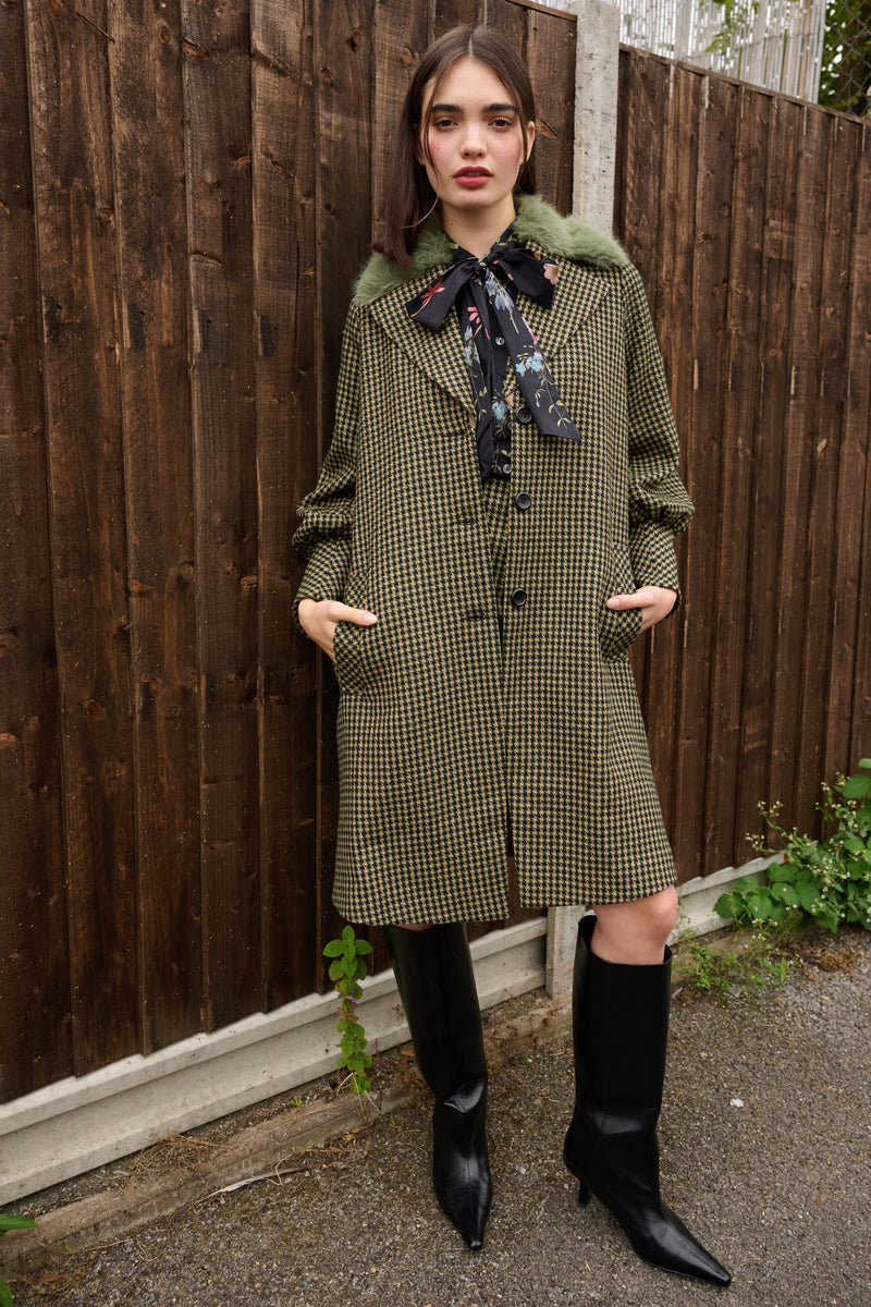 Mischa Burray Fur Collar Statement Sleeve Check Coat - Fern - Front