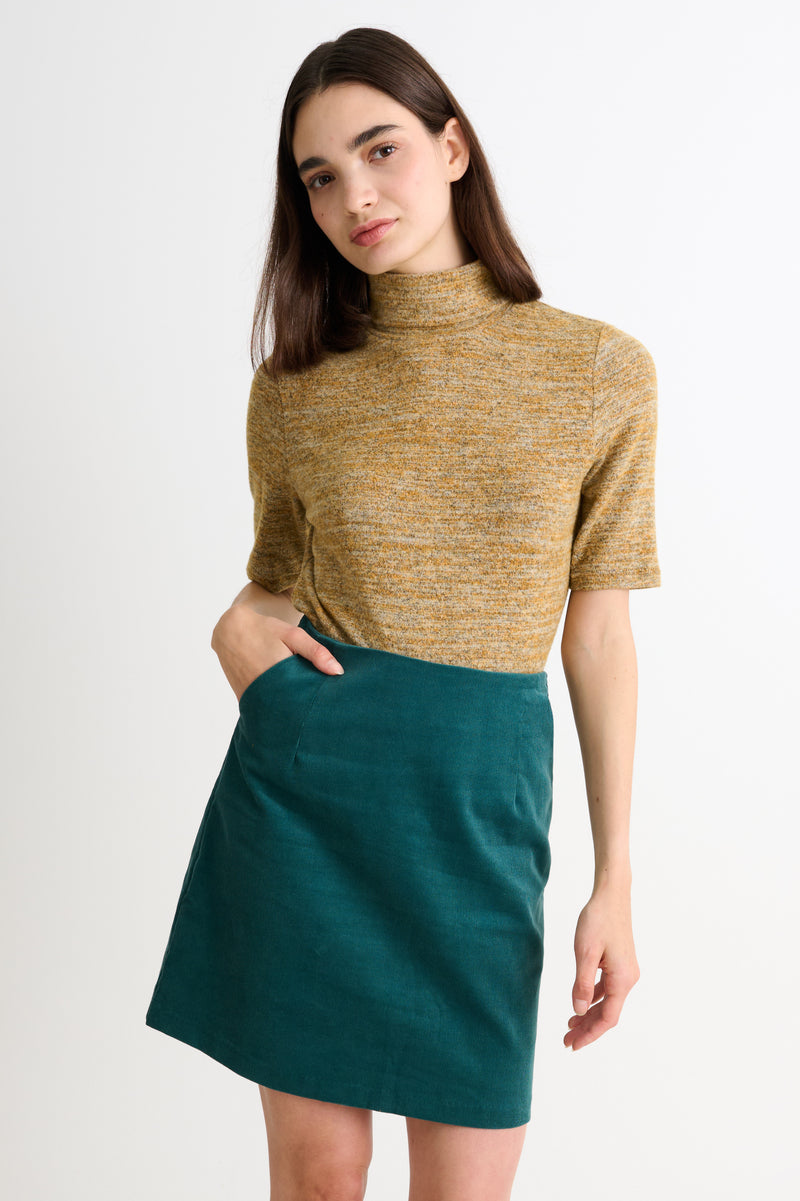 Vista Soft Marl Polo Neck Short Sleeve Top - Mustard - Front