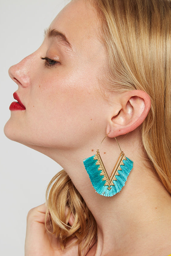 Edna V-Shape Silk Tassel Hoop Earrings - Turquoise - Front