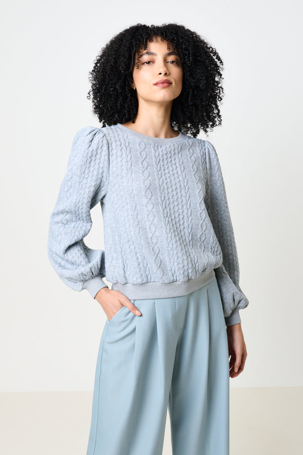 Ellie Cable Quilt Puff Sleeve Sweatshirt - Marl Grey