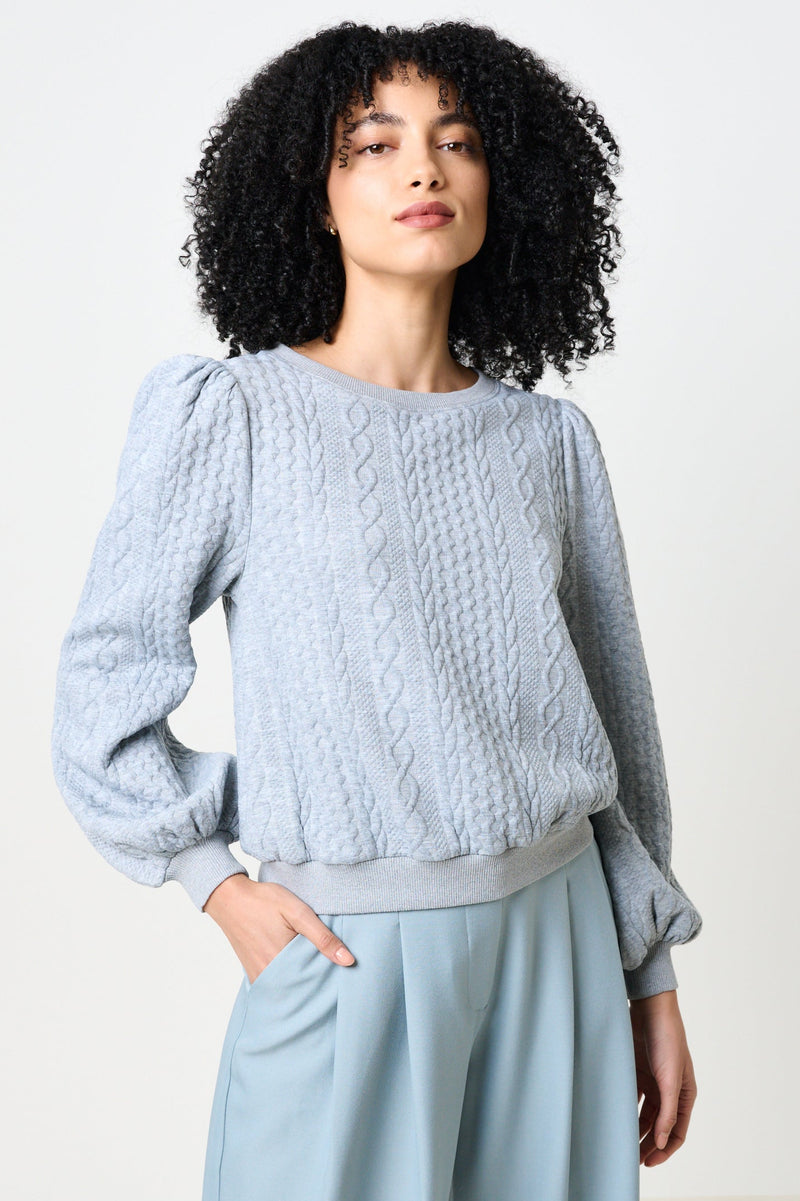 Ellie Cable Quilt Puff Sleeve Sweatshirt - Marl Grey - Front