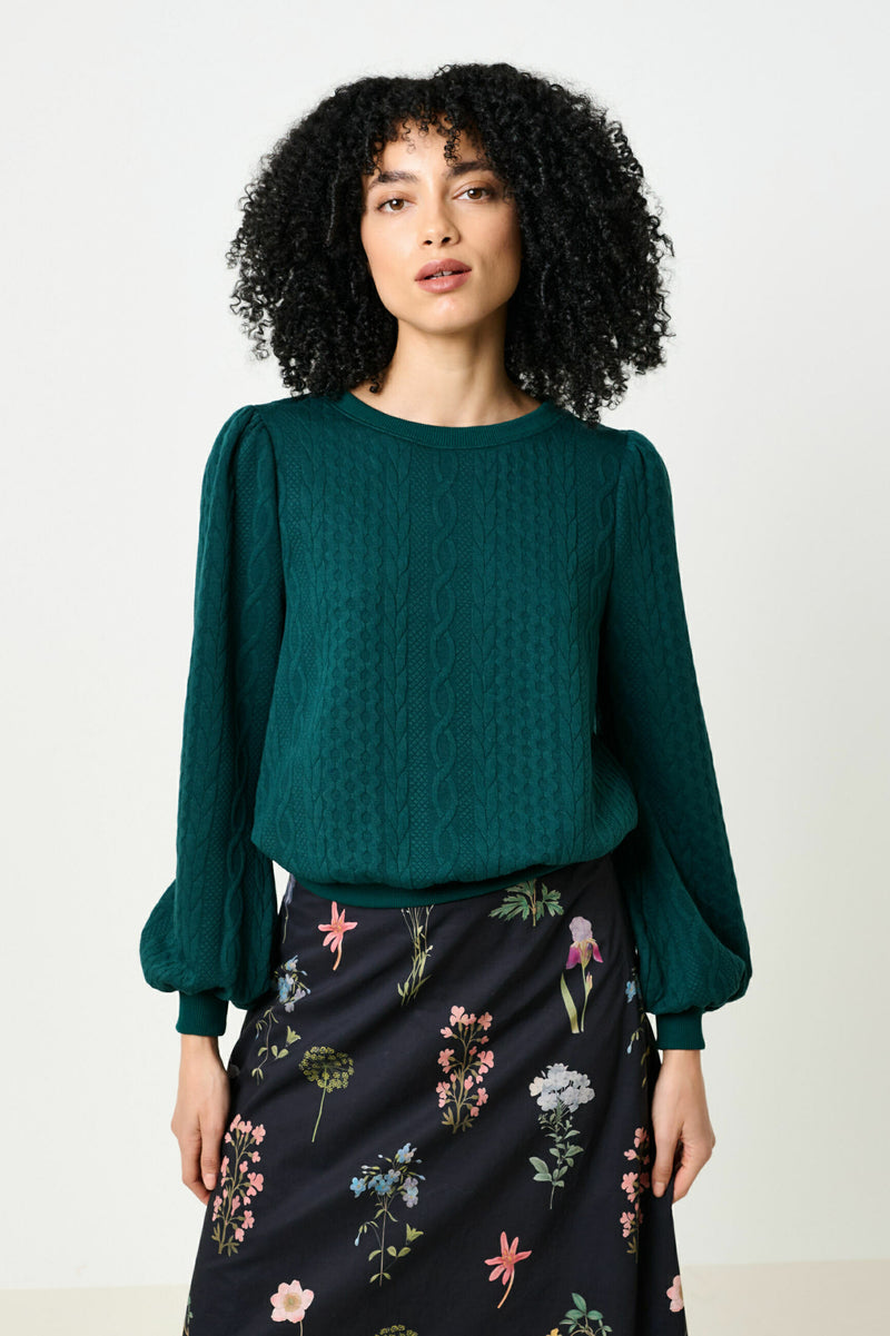 Ellie Cable Quilt Puff Sleeve Sweatshirt - Fir - Front