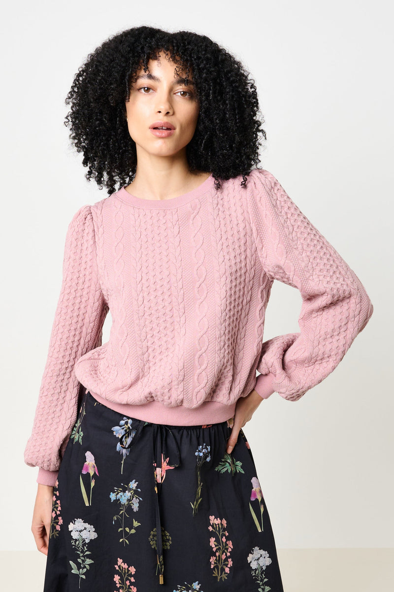 Ellie Cable Quilt Puff Sleeve Sweatshirt - Blush Pink - Detail 3