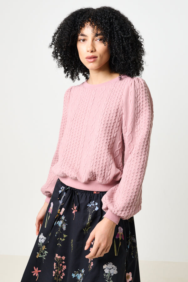 Ellie Cable Quilt Puff Sleeve Sweatshirt - Blush Pink