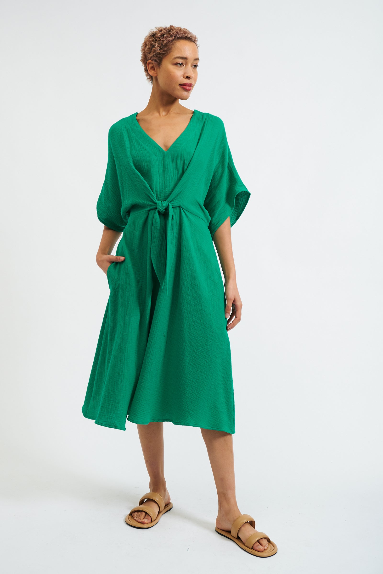 Elody Double Gauze Tie Waist Midi Dress - Green Louche Elody Double Gauze Tie Waist Midi Dress - Green Louche