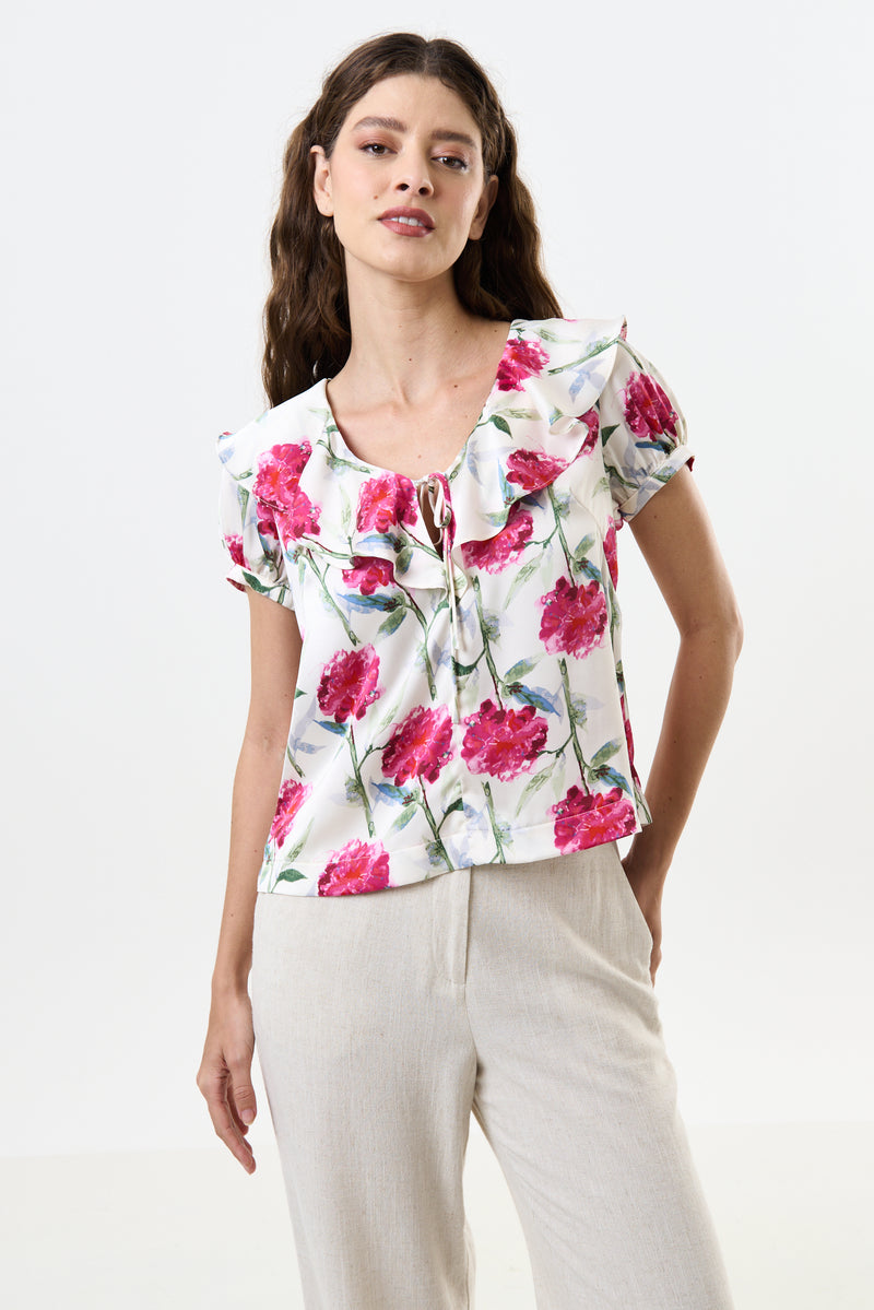 Eloise Loveflower Print Puff Sleeve Blouse - Front