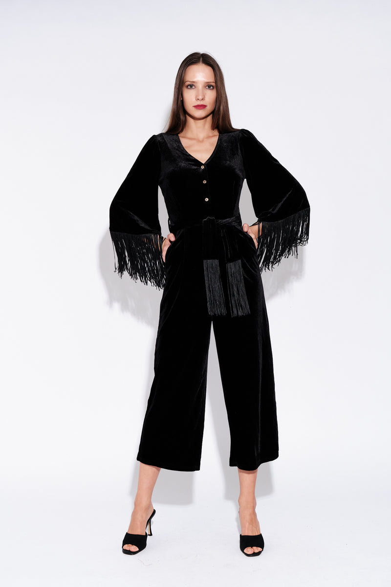 Elvis Fringe Sleeve Velvet Jumpsuit in Black - Front