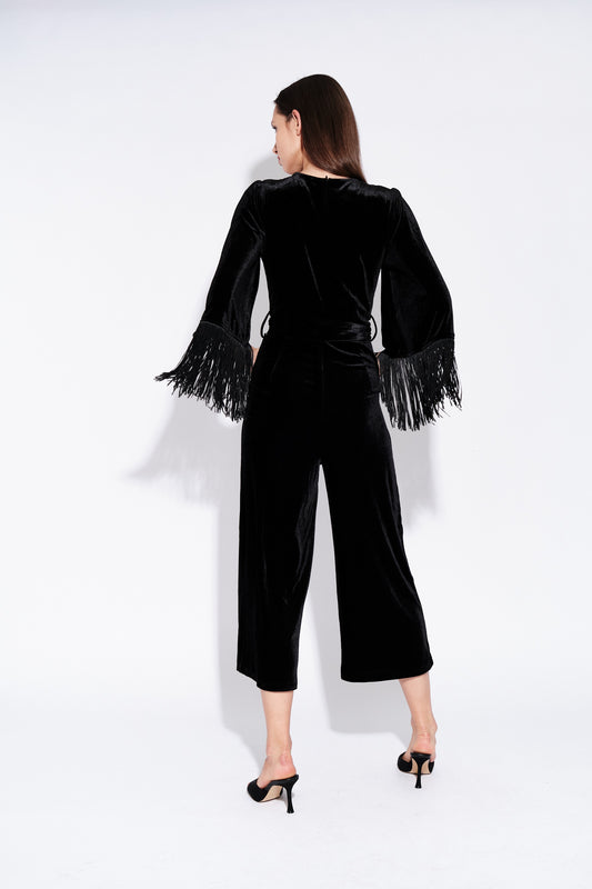 Elvis Fringe Sleeve Velvet Jumpsuit in Black