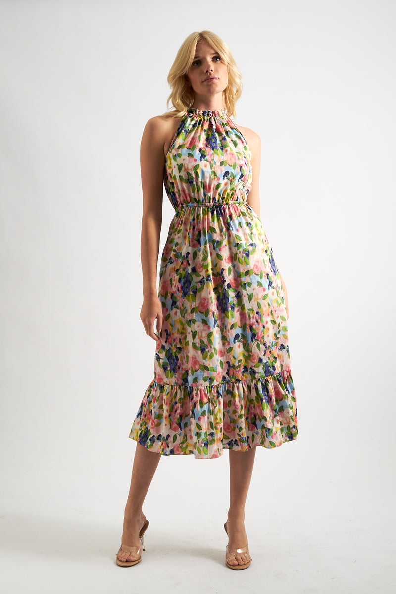 Eren Summer Dream Cut-Away Shoulder Print Midi Dress - Front