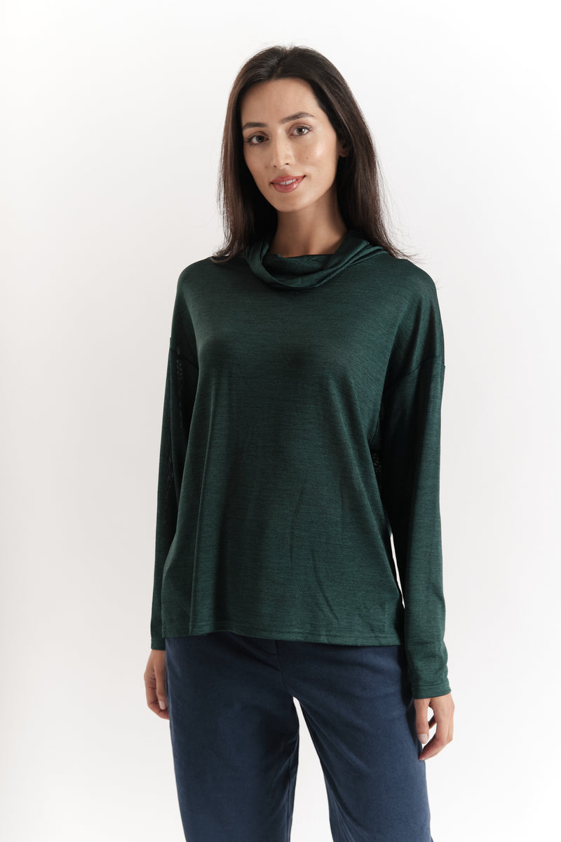 Europa Marl Polo Neck Top in Green - Front