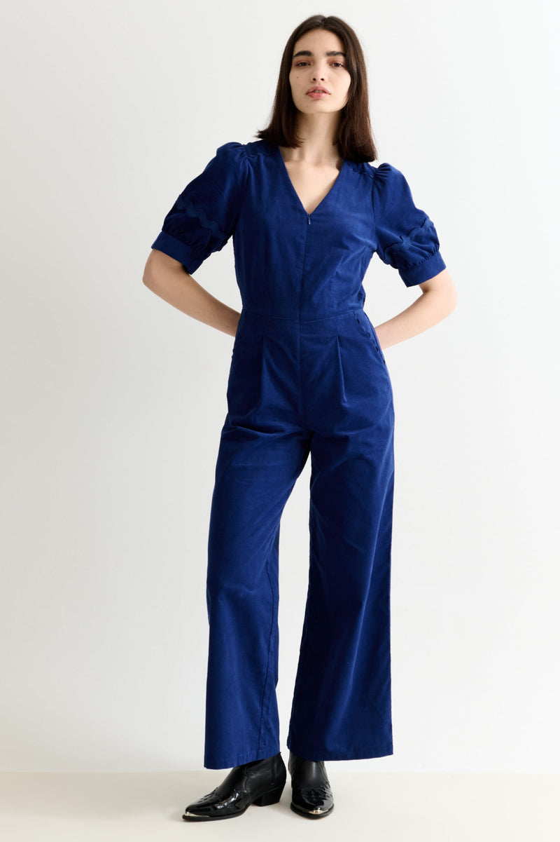 Finlay Babycord V Neck Ric Rac Trim Jumpsuit - Navy - Front