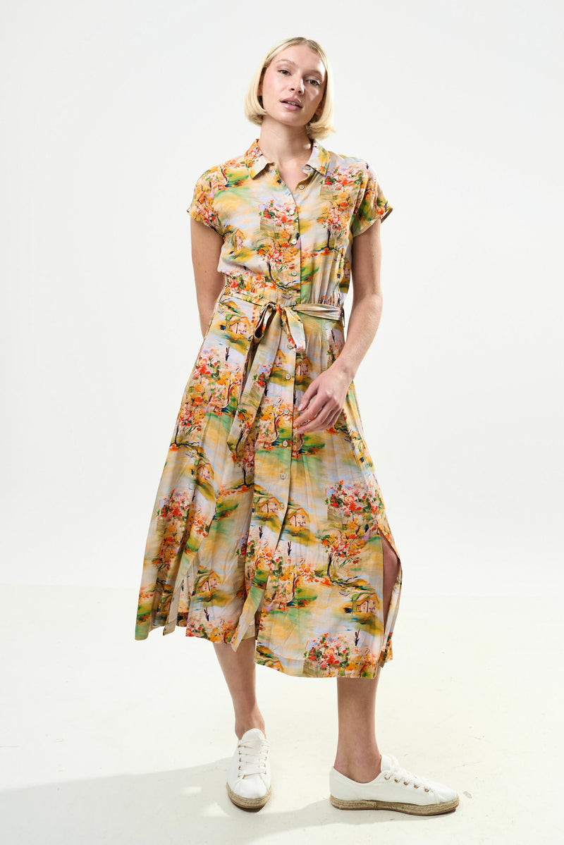Fleur Oriental Landscape Print Midi Shirtdress - Yellow - Front