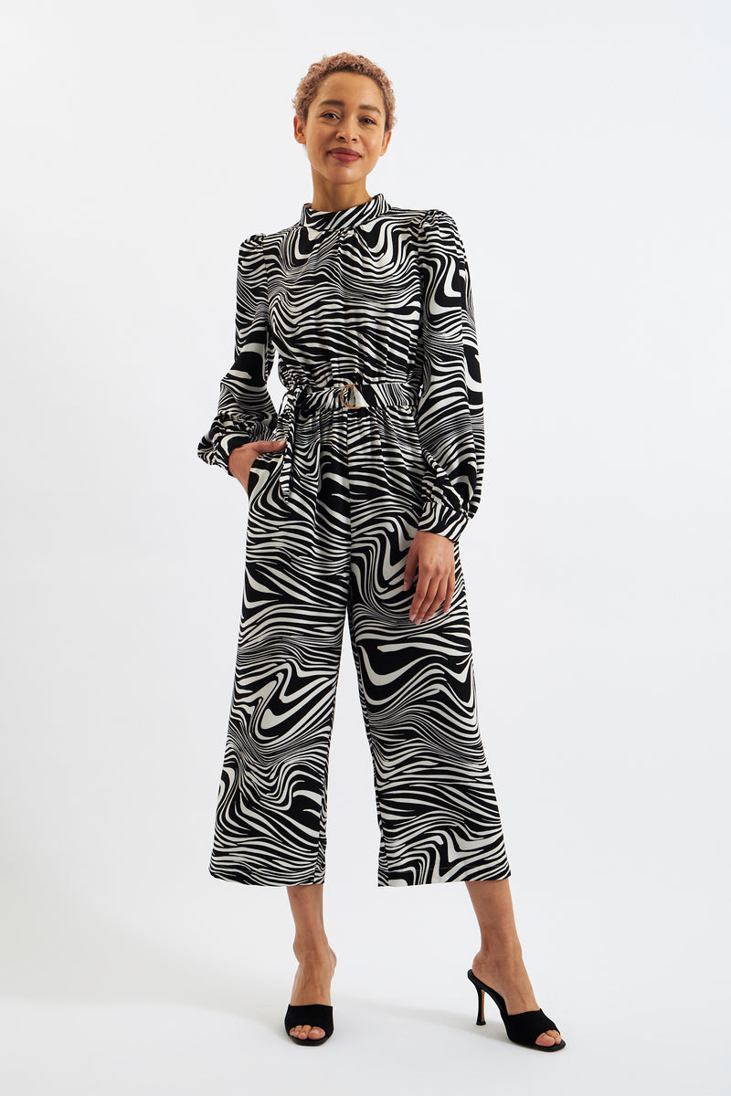 Gayane Zebra Pop Print Long Sleeve Jumpsuit - Black and White - Front