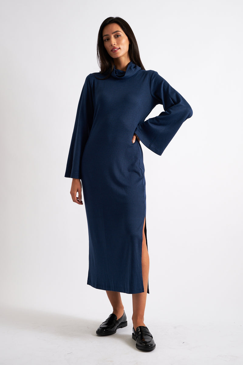 Gigi Brushed Marl Jersey Midi Dress - Navy - Front