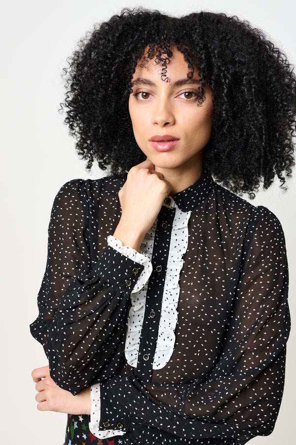 Gisla Raindrop Contrast Frill Long Sleeve Blouse - Black