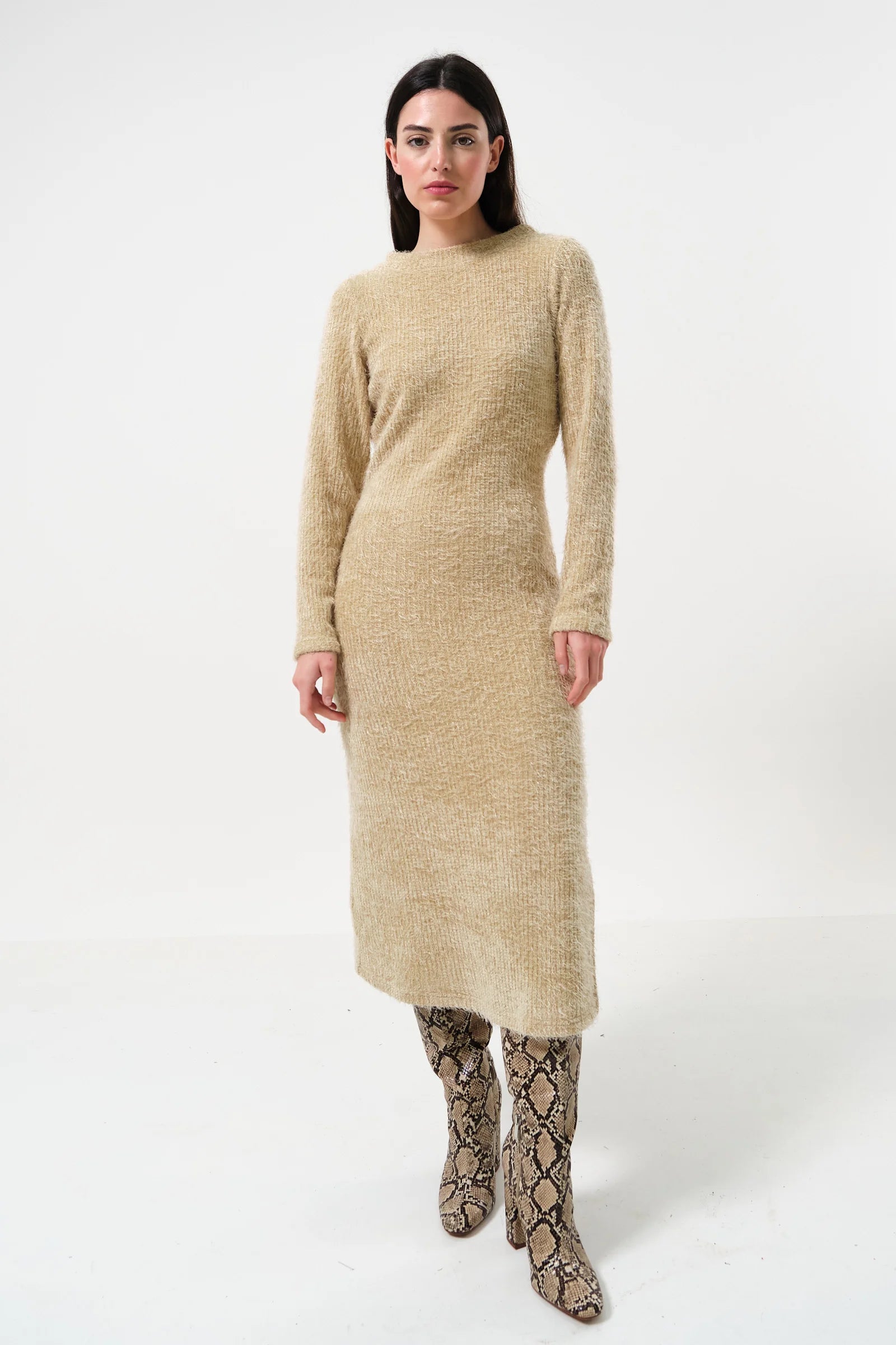 Guila Beige Eyelash Rib Long Sleeve Midi Dress