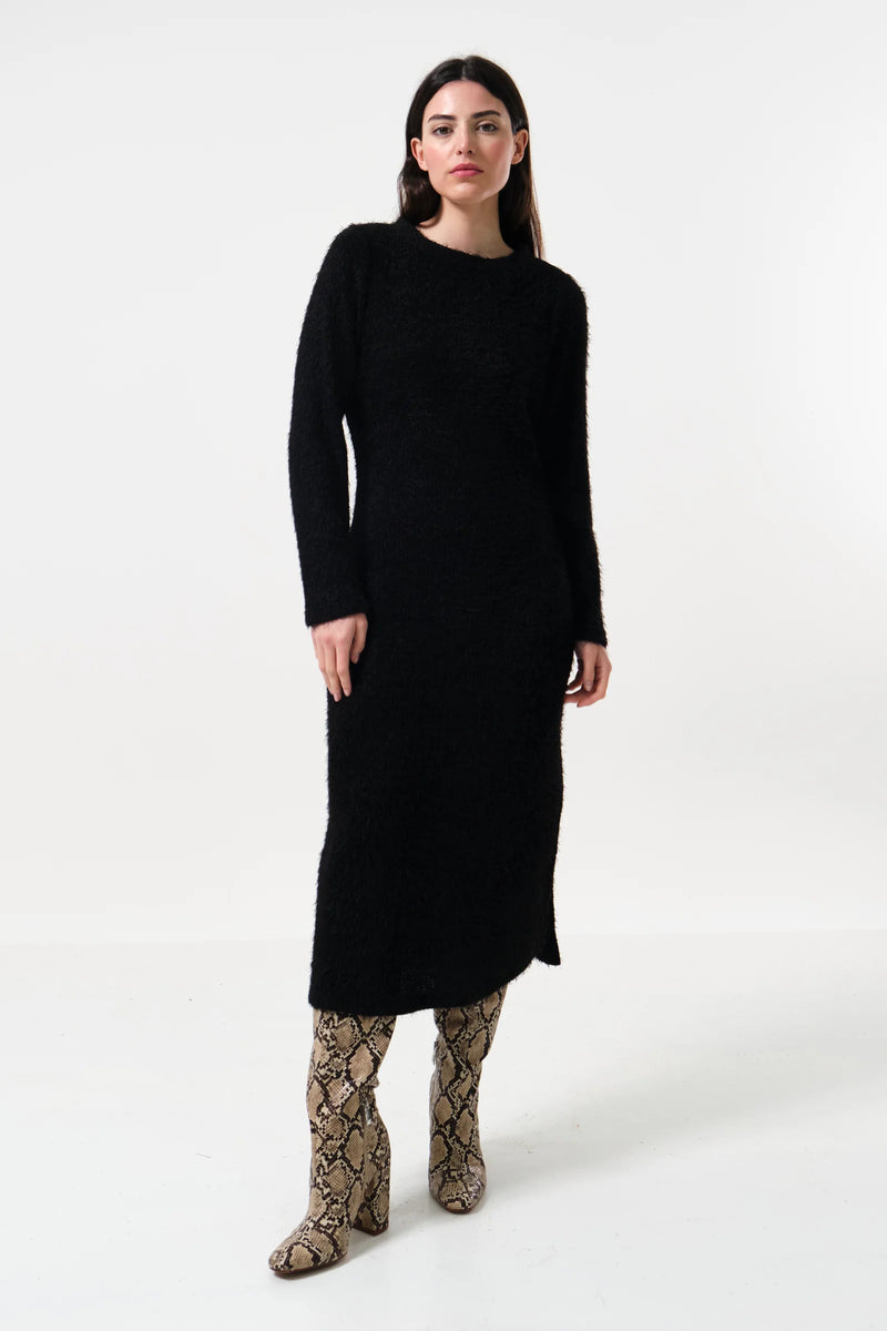 Guila Eyelash Rib Long Sleeve Midi Dress - Black - Front