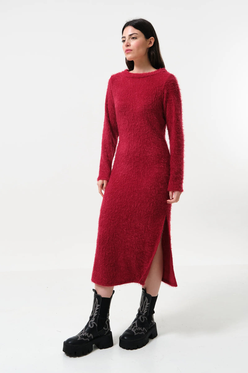 Guila Eyelash Rib Long Sleeve Midi Dress - Red - Front