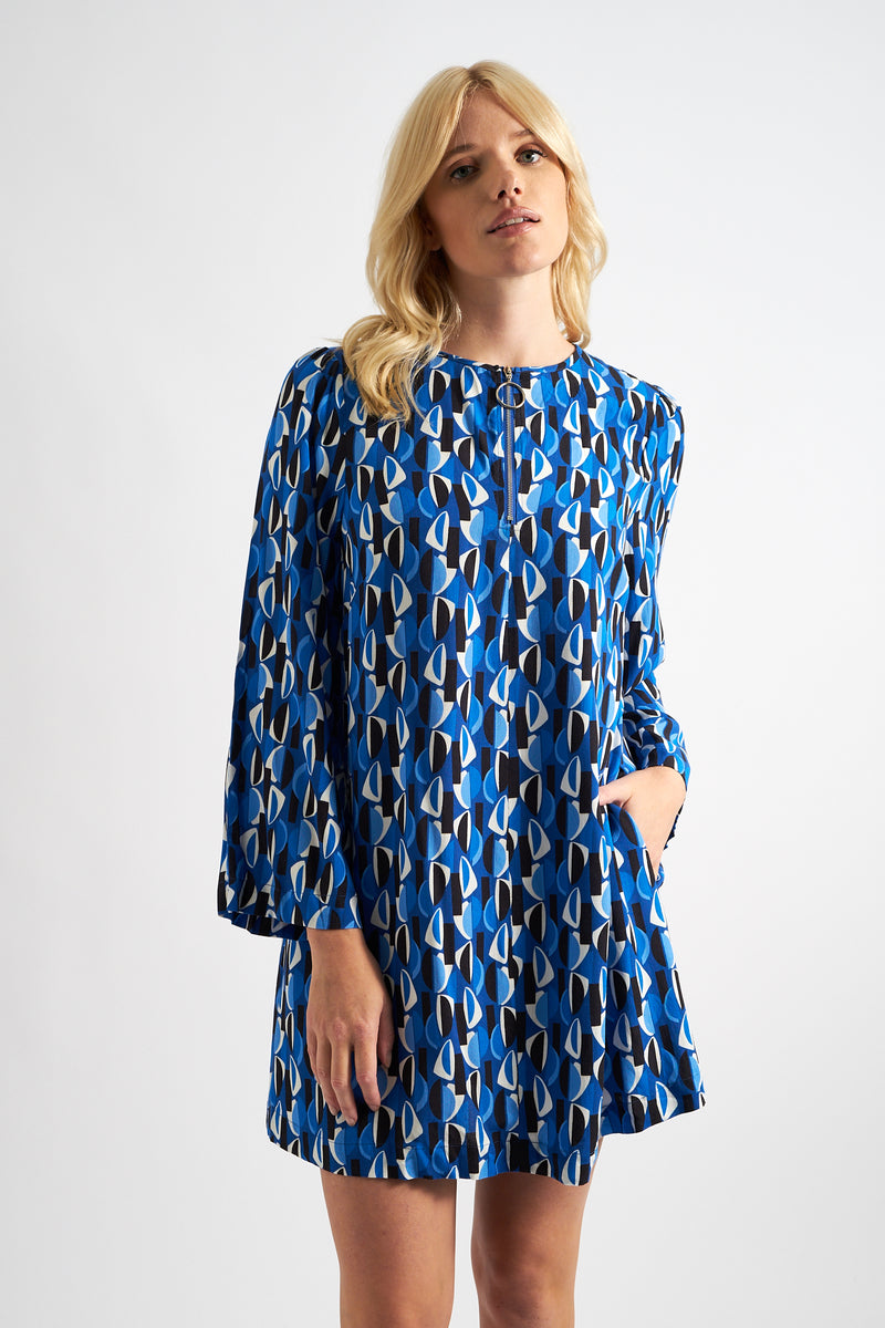 Gwenola Mid Century Retro Print Mini Dress - Blue - Front
