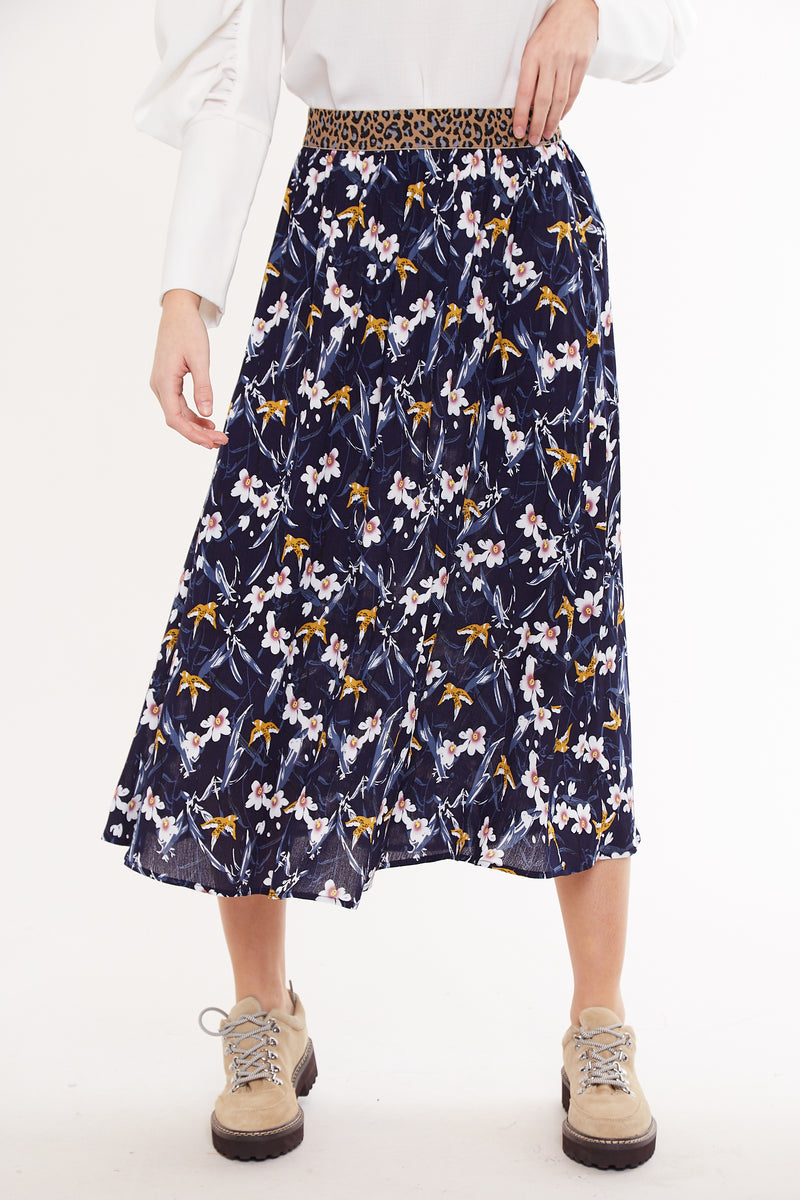 Hanan Swallow Print Elastic Waist Midi Skirt - Front