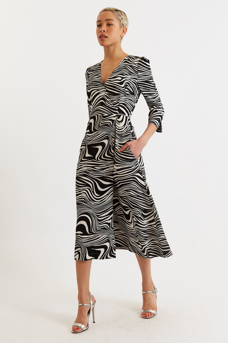 Haden Zebra Pop Print Wrap Midi Dress - Black and White - Front