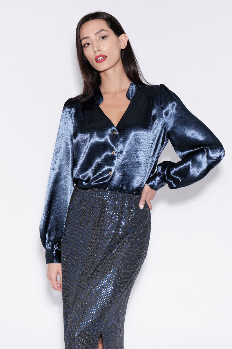 Helide V-Neck Hammered Satin Blouse in Navy - Front