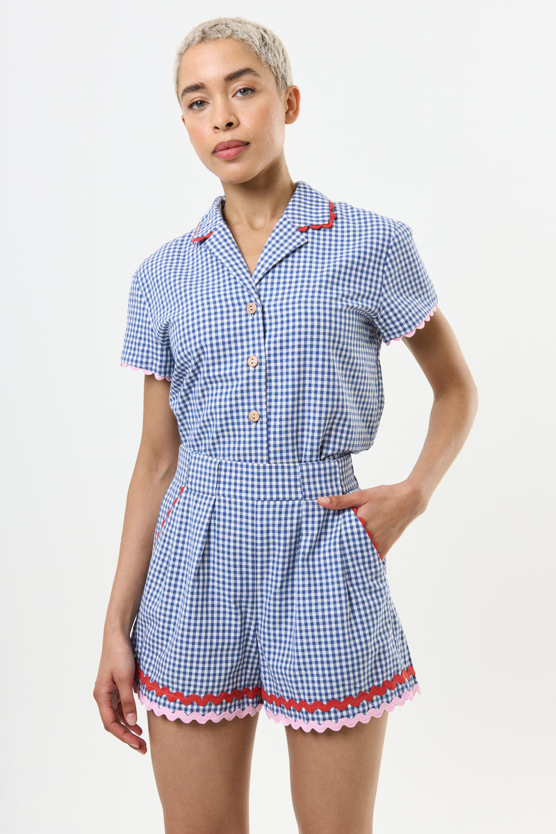 Hilton Gingham Ric Rac Trim Shorts - Blue - Front