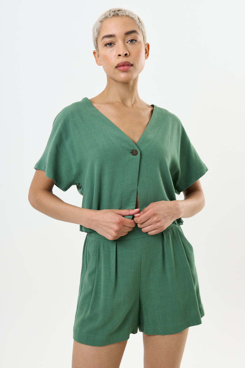 Hilton Linen Mix Shorts - Green - Front