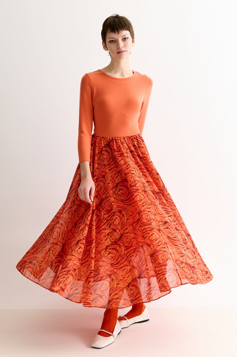 Huxley Rosechild Jersey Top Circle Skirt Midi Dress - Apricot - Front