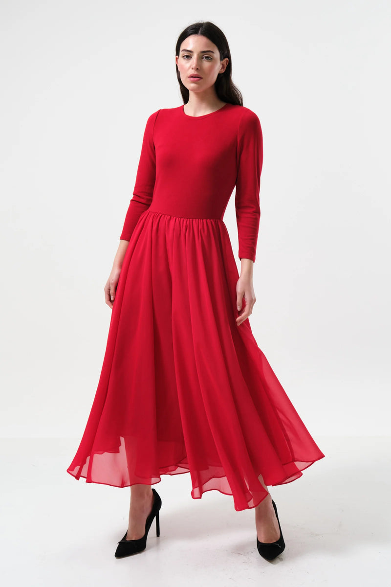 Huxley Jersey & Georgette Midi Dress - Red - Front