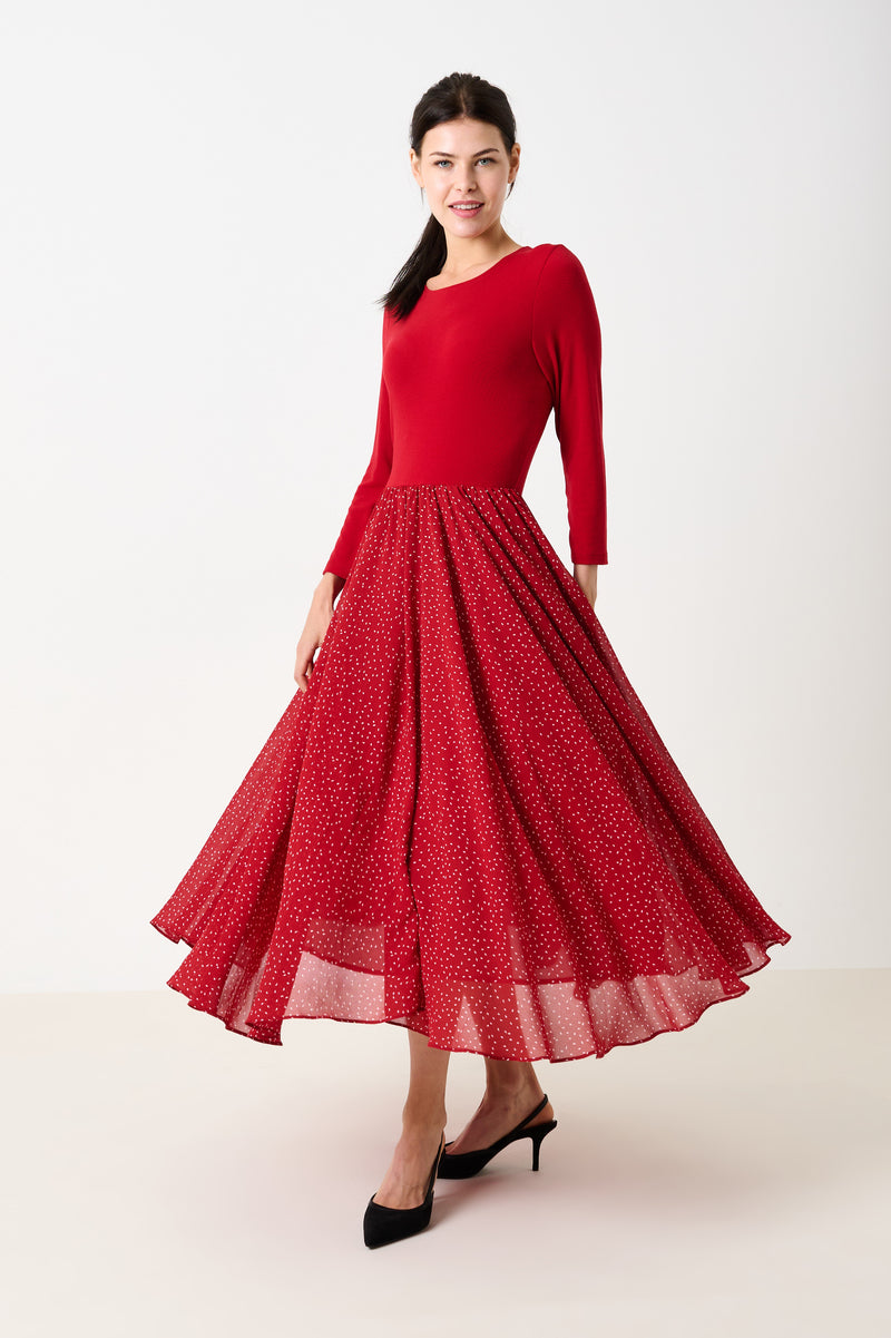 Huxley Raindrop Jersey Top Printed Circle Skirt Midaxi Dress - Red - Front